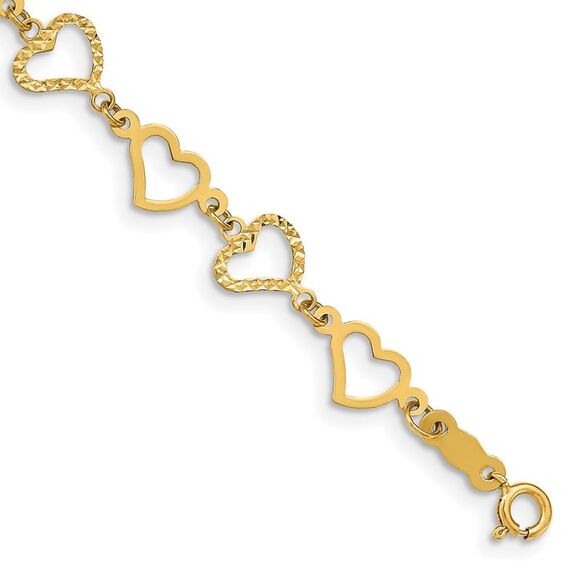 14k Yellow Gold Flat Diamond Cut Open Hearts Bracelet